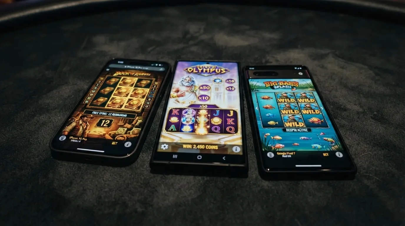 Tre slot machine popolari — Book of Dead, Gates of Olympus e Big Bass Bonanza — visualizzate in formato mobile sullo schermo di uno smartphone, con i rulli in primo piano