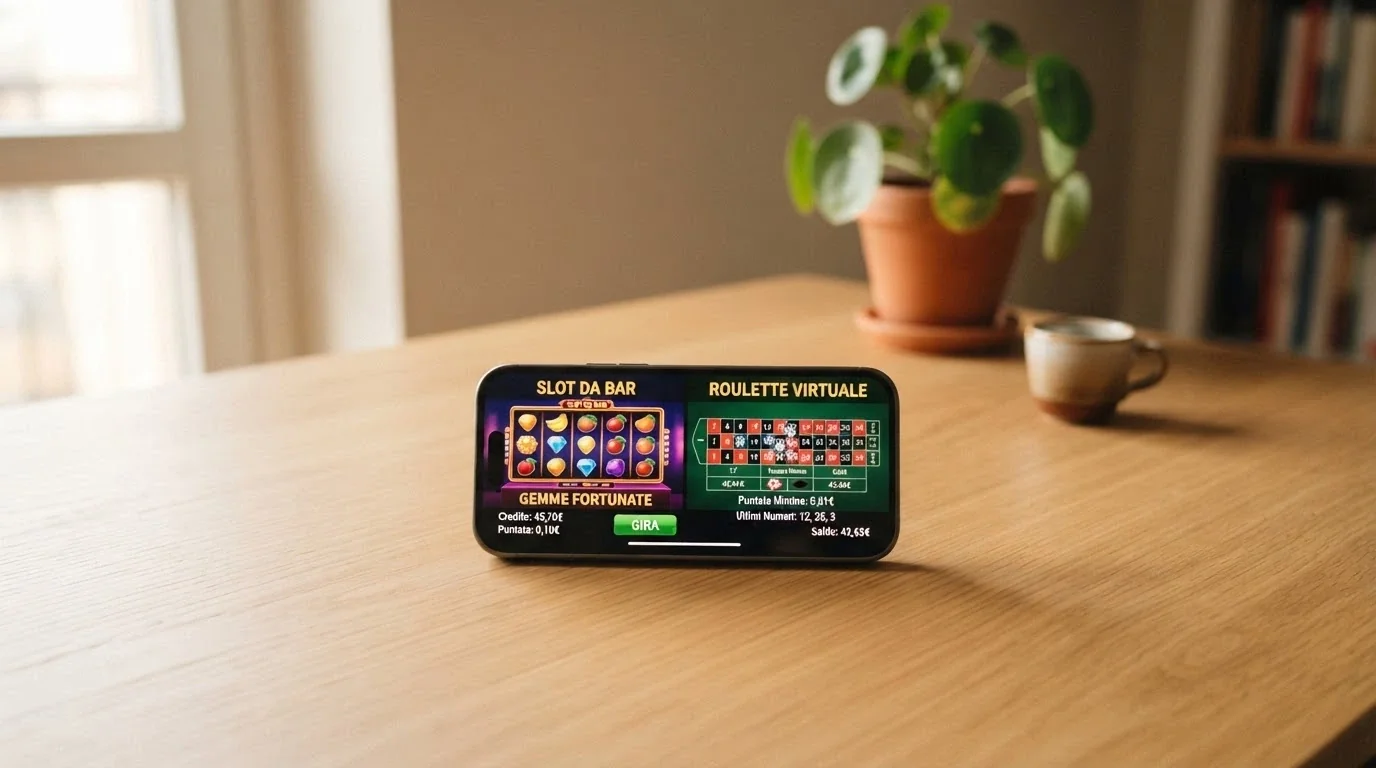 L'interfaccia di una slot online su smartphone con il selettore della puntata impostato su 0,10€, affiancata da una schermata di roulette virtuale con puntata minima visibile