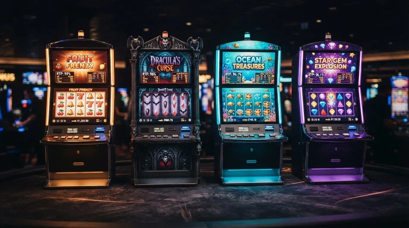 Una schermata comparativa con i riquadri delle copertine di quattro slot machine (Mega Joker, Blood Suckers, Big Bass Bonanza, Starburst) e il rispettivo RTP in evidenza sotto ogni titolo