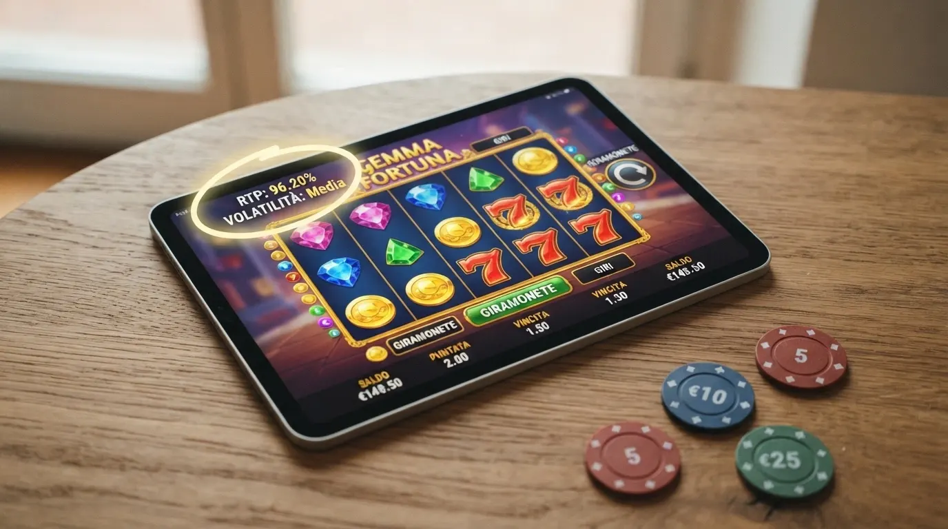 Schermata di una slot online con i riquadri di RTP e volatilità evidenziati nell'interfaccia di gioco.