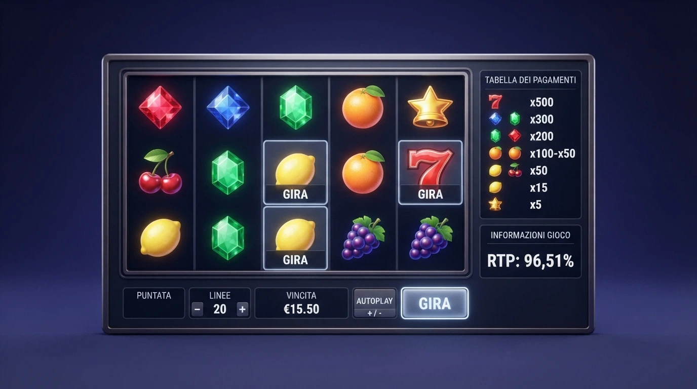 Una schermata ravvicinata di una slot online con i dettagli dell'RTP e della tabella pagamenti visibili a lato, interfaccia in italiano