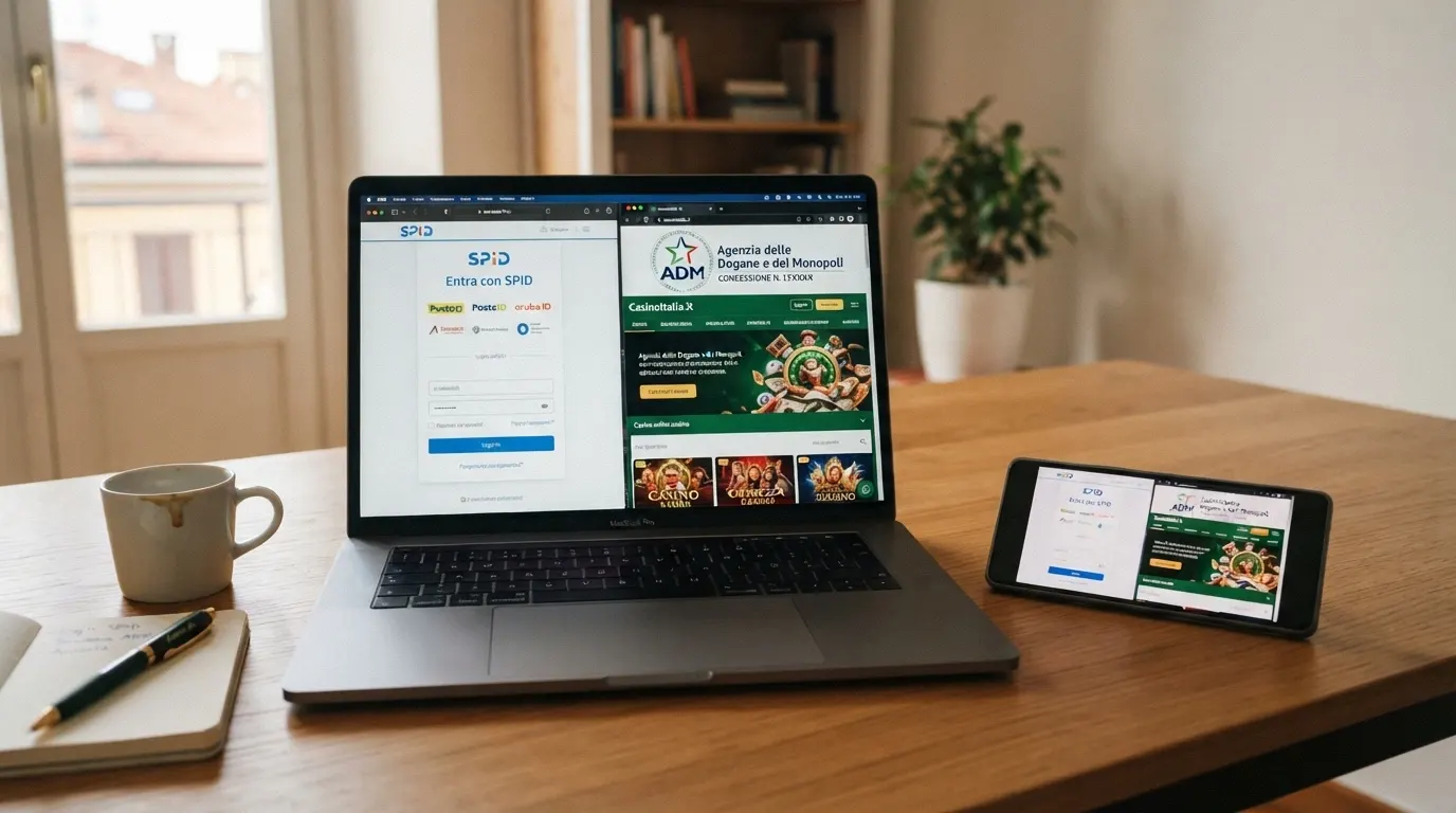 Lo schermo di un computer con la pagina di login SPID aperta accanto alla homepage di un casinò con concessione ADM, con il logo ADM visibile in un riquadro