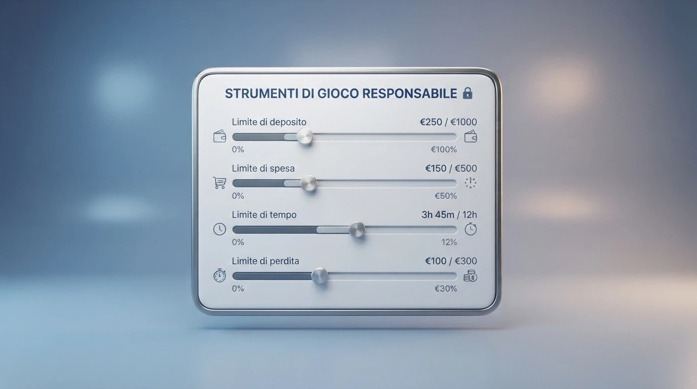 Pannello di controllo di un conto gioco ADM con cursori per limiti di deposito, spesa, tempo e perdita