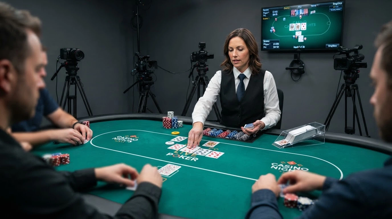 Un dealer dal vivo che distribuisce carte in uno studio professionale, con telecamere multiple, illuminazione cinematografica e monitor di gioco alle spalle