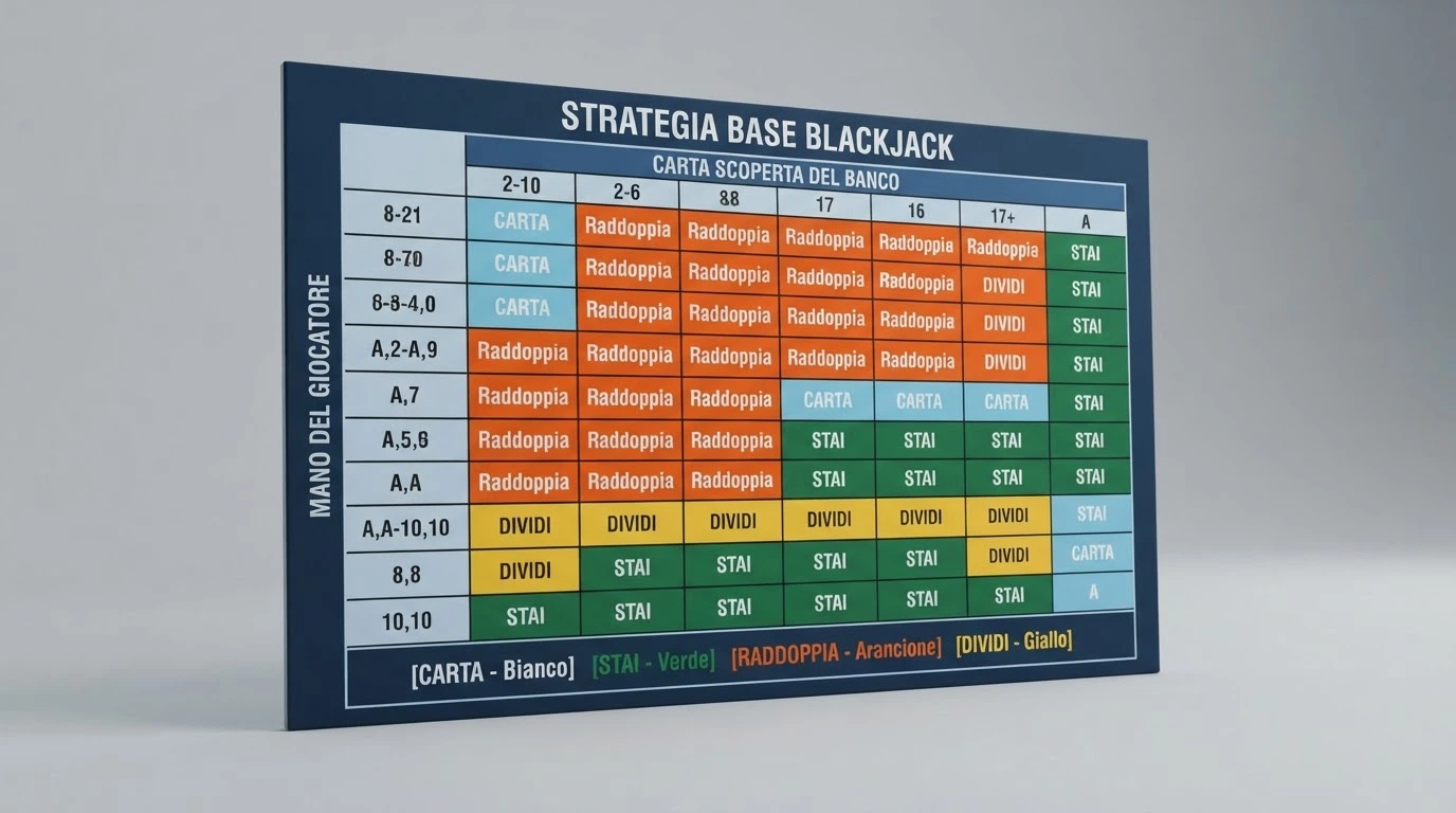 tabella della strategia fondamentale del blackjack con righe per la mano del giocatore e colonne per la carta scoperta del banco, divisa per colore tra azioni consigliate