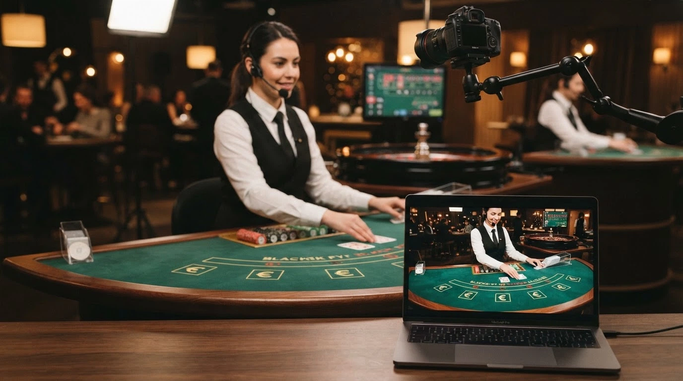 Un tavolo da roulette con croupier dal vivo ripreso da più angolazioni, con l'interfaccia di gioco del casinò visibile sullo schermo di un computer