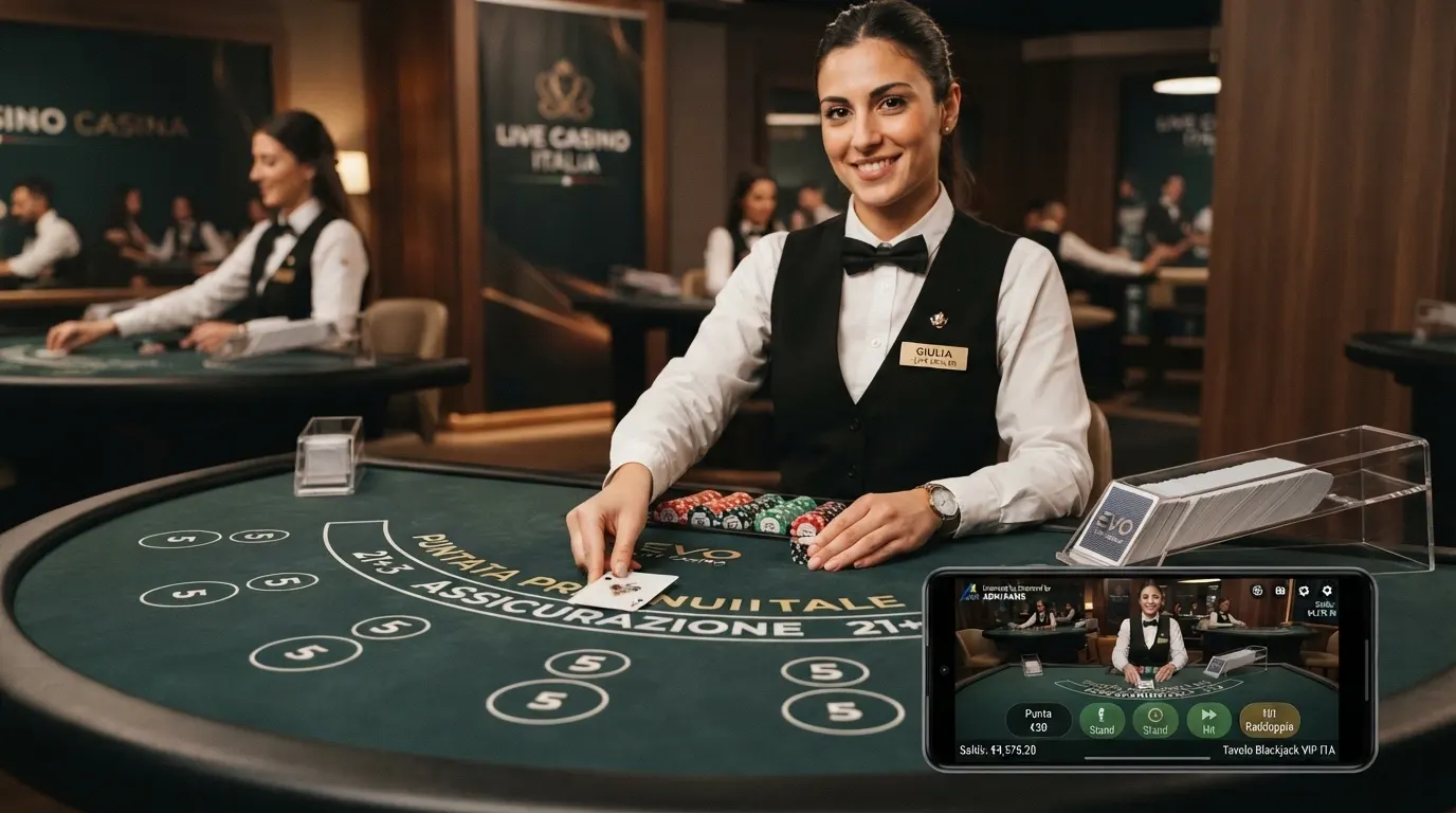 Un dealer dal vivo inquadrato in streaming da un casinò ADM, con interfaccia di puntata in euro visibile sullo schermo e un tavolo da blackjack con fiches colorate