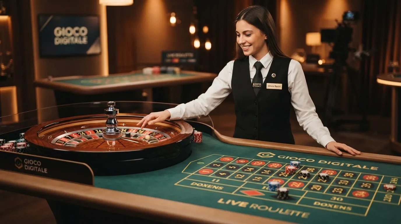 Tavolo di roulette live con croupier in uniforme, ripreso in alta definizione nell'interfaccia di Gioco Digitale