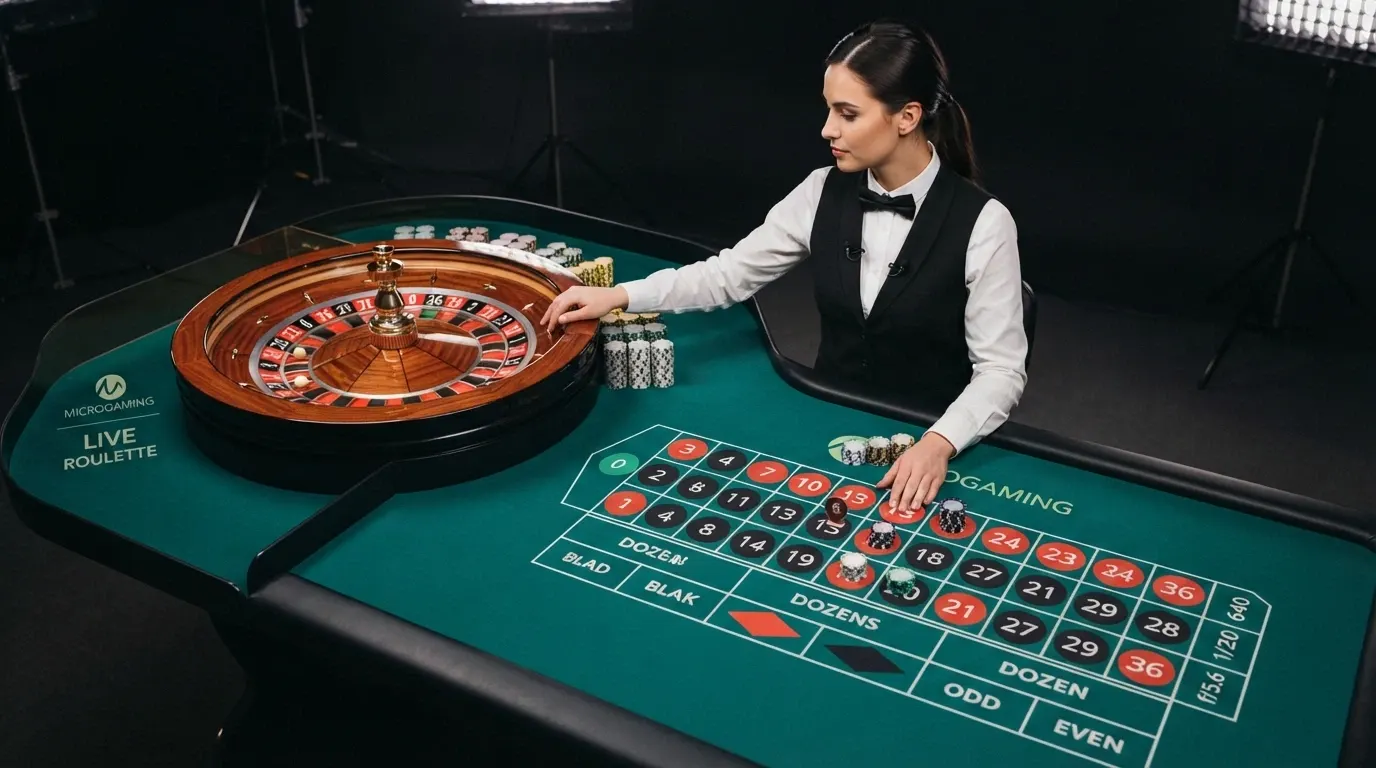 Tavolo di roulette dal vivo con croupier in smoking davanti alla ruota, inquadrato in streaming HD
