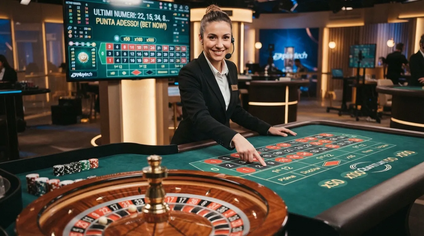 Tavolo di roulette live Playtech con croupier inquadrato e moltiplicatori Quantum visibili sull'interfaccia