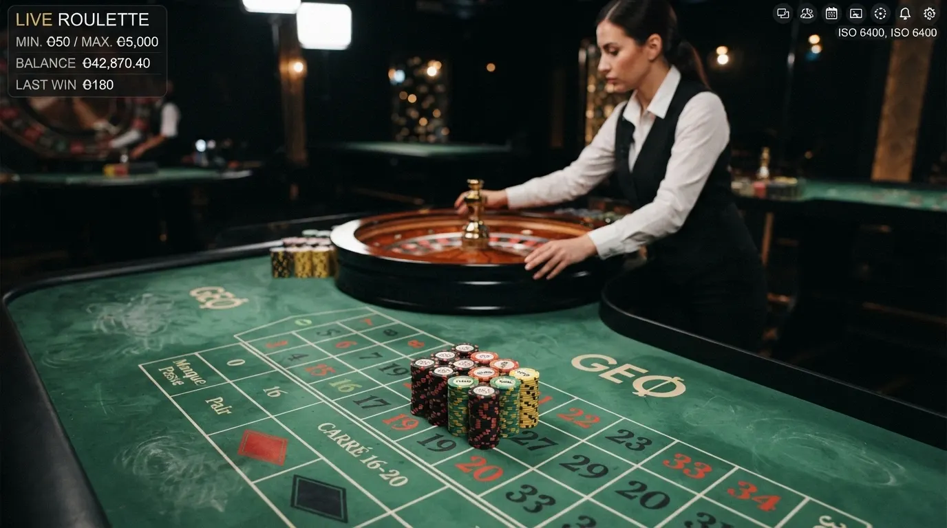 Un tavolo di roulette dal vivo con un croupier inquadrato, fiches di alto valore piazzate sul tappeto verde e l'interfaccia di puntata in sovrimpressione