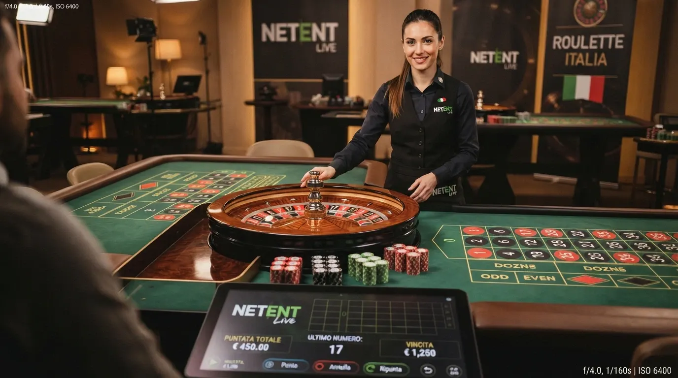 Dettaglio dell'interfaccia della roulette live NetEnt con primo piano del tavolo verde, croupier in uniforme e pannello delle puntate