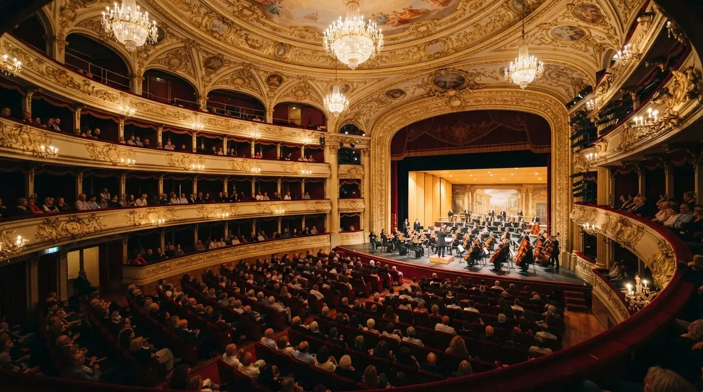 La platea e il palco del Teatro dell'Opera del Casinò di Sanremo durante un concerto dell'Orchestra Sinfonica