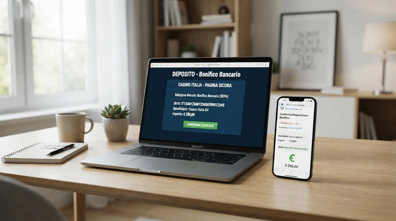 Il riepilogo di un deposito tramite bonifico bancario nell'area cassa di un casinò online, con l'indicazione dei tempi di accredito stimati