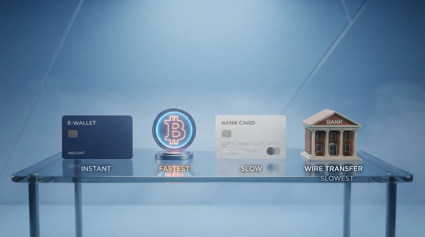 Un confronto visivo dei metodi di pagamento (portafoglio elettronico, carta di credito, crypto, bonifico) con accanto il tempo di accredito tipico