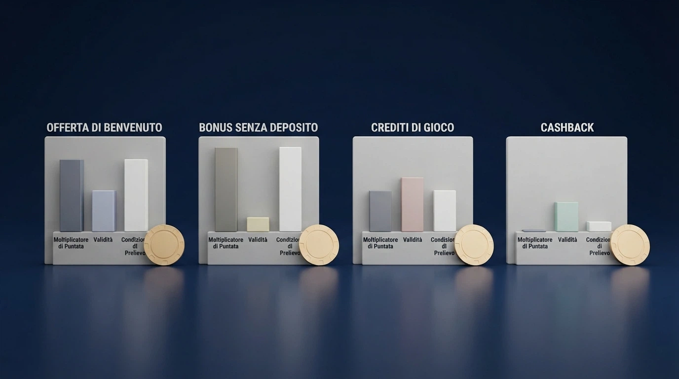 Schema visivo che affianca le quattro architetture di bonus — senza deposito, benvenuto, fun bonus, cashback — con accanto i rispettivi vincoli chiave: moltiplicatore di puntata, validità e tetto di conversione