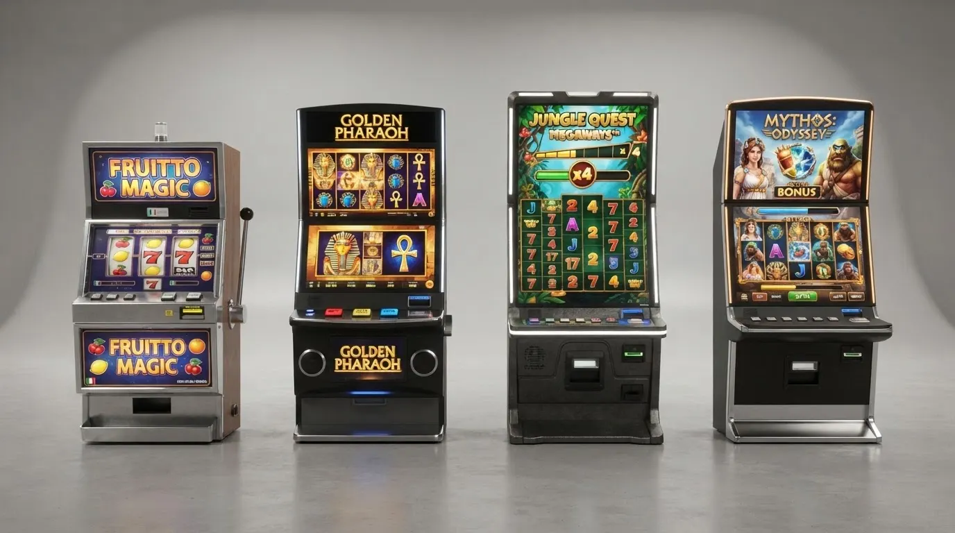 Quattro slot machine di formati diversi affiancate: una classica a 3 rulli con simboli frutta, una video slot 5×3, una Megaways a rulli variabili e una slot 3D con grafica animata.