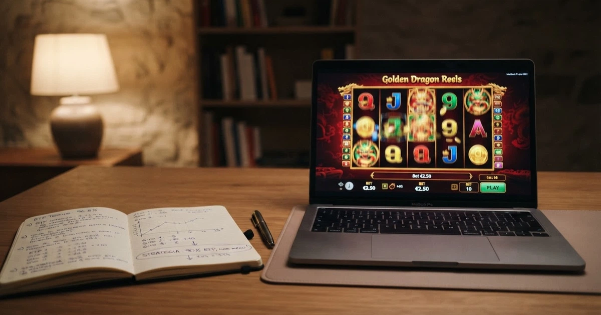 Un giocatore davanti al laptop con una slot machine online sullo schermo e un blocco note con appunti a fianco
