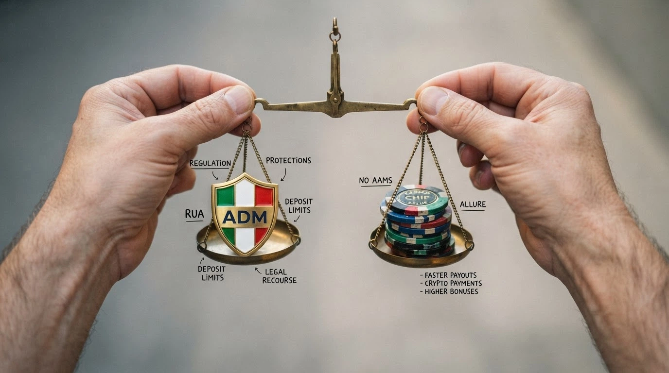 Una bilancia che pesa due colonne: da un lato le tutele ADM (RUA, limiti, supervisione, foro italiano), dall'altro i vantaggi percepiti dei non AAMS (bonus, crypto, velocità)