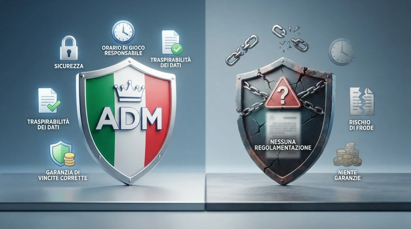 Confronto visivo tra le tutele di un sito ADM (lucchetto, limiti, RUA) e l'assenza di protezioni in un sito non-ADM