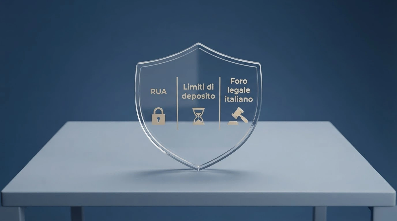 Un diagramma a tre colonne che elenca le protezioni del giocatore sotto concessione ADM: RUA, limiti di deposito obbligatori, foro legale italiano, supervisione payout