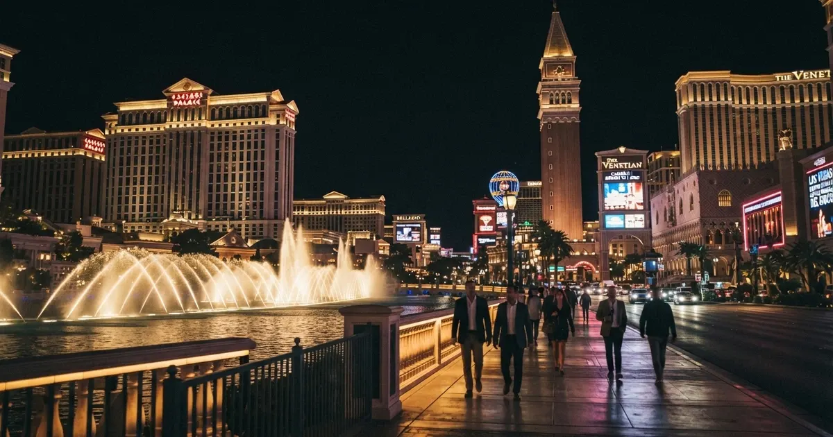 Veduta panoramica notturna della Las Vegas Strip con le insegne luminose dei casinò resort
