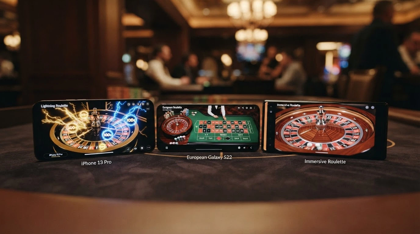 Tre schermate affiancate di roulette live: Lightning Roulette con i moltiplicatori colorati sullo schermo, European Roulette con il panno classico e Immersive Roulette in primo piano multi-camera
