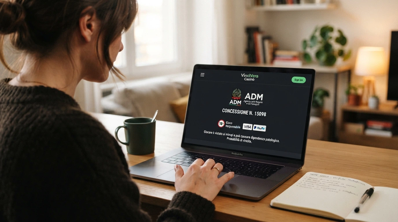 Il footer di un casinò online autorizzato con il logo ADM e il codice concessione GAD a cinque cifre ben visibile, accanto alle icone del gioco responsabile