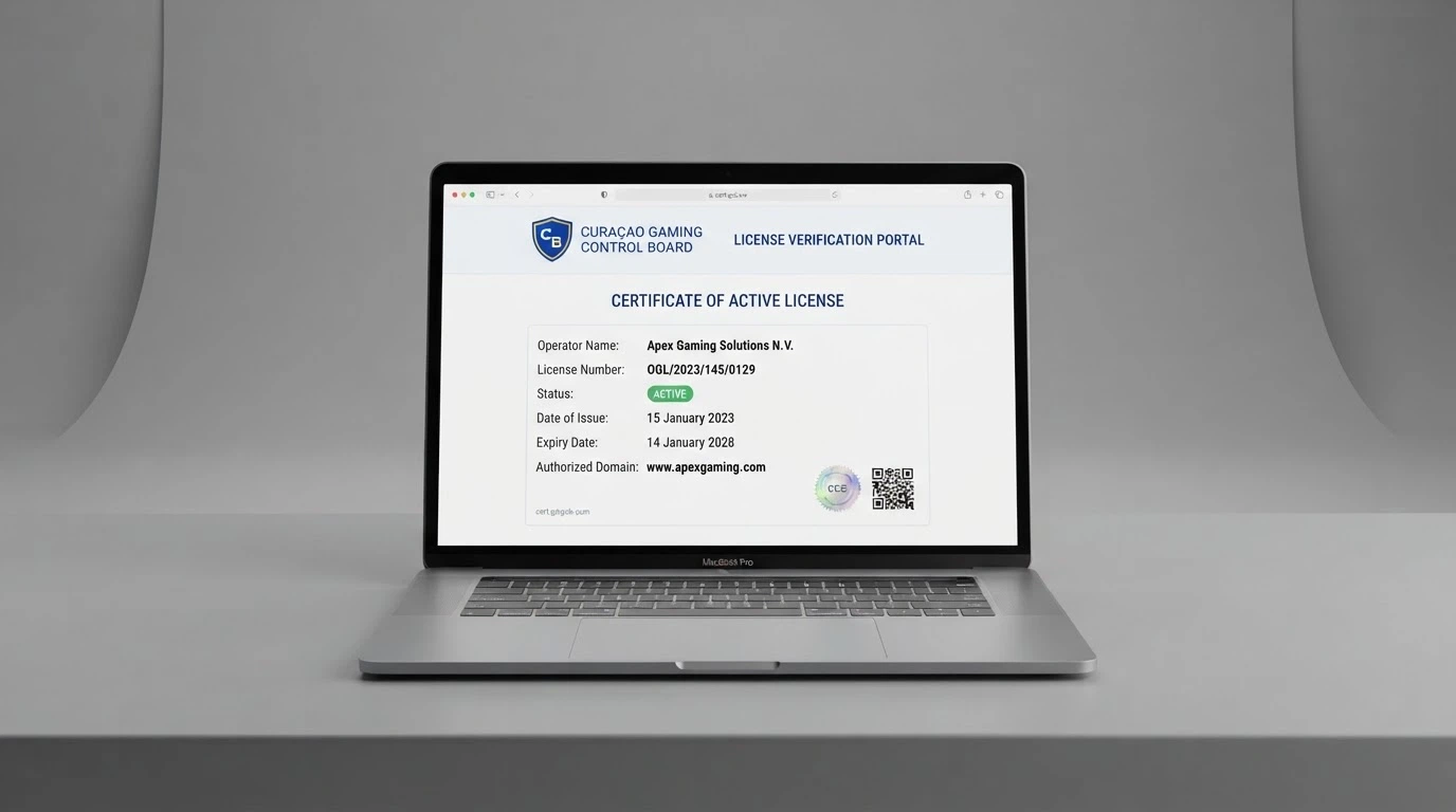 L'interfaccia del portale cert.gcb.cw con il certificato di un operatore in stato «Active» visualizzato, affiancato dall'indirizzo del sito del casino corrispondente