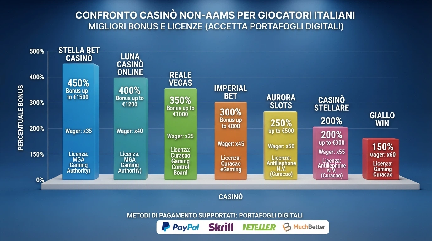 Una schermata comparativa con le carte dei migliori casinò non AAMS, bonus e valutazioni in evidenza