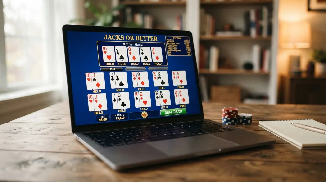 Una schermata di video poker multi-hand a 10 mani simultanee, con la mano «madre» in evidenza e le dieci mani parallele sotto, su interfaccia da casinò ADM