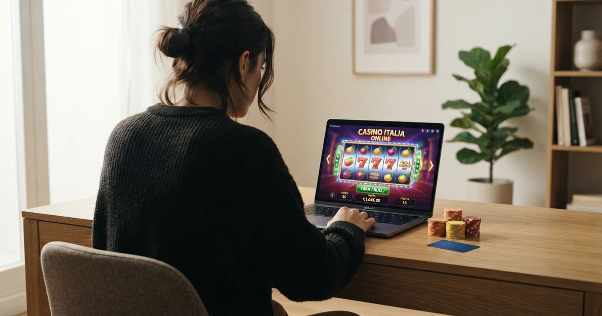 Un giocatore davanti allo schermo del computer con l'interfaccia di un casinò online italiano, affiancato da icone che rappresentano una vincita in euro, il simbolo della percentuale di tassazione e il logo ADM