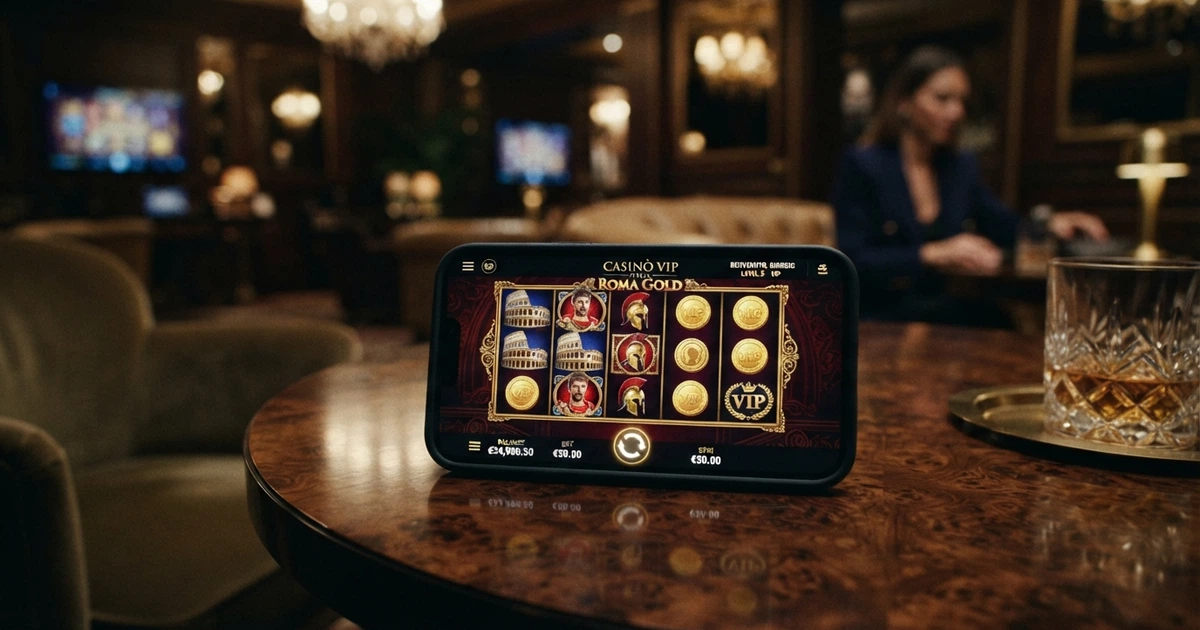 Interno virtuale di un casinò online con area VIP, schermo di gioco con slot machine e simboli dorati su sfondo scuro